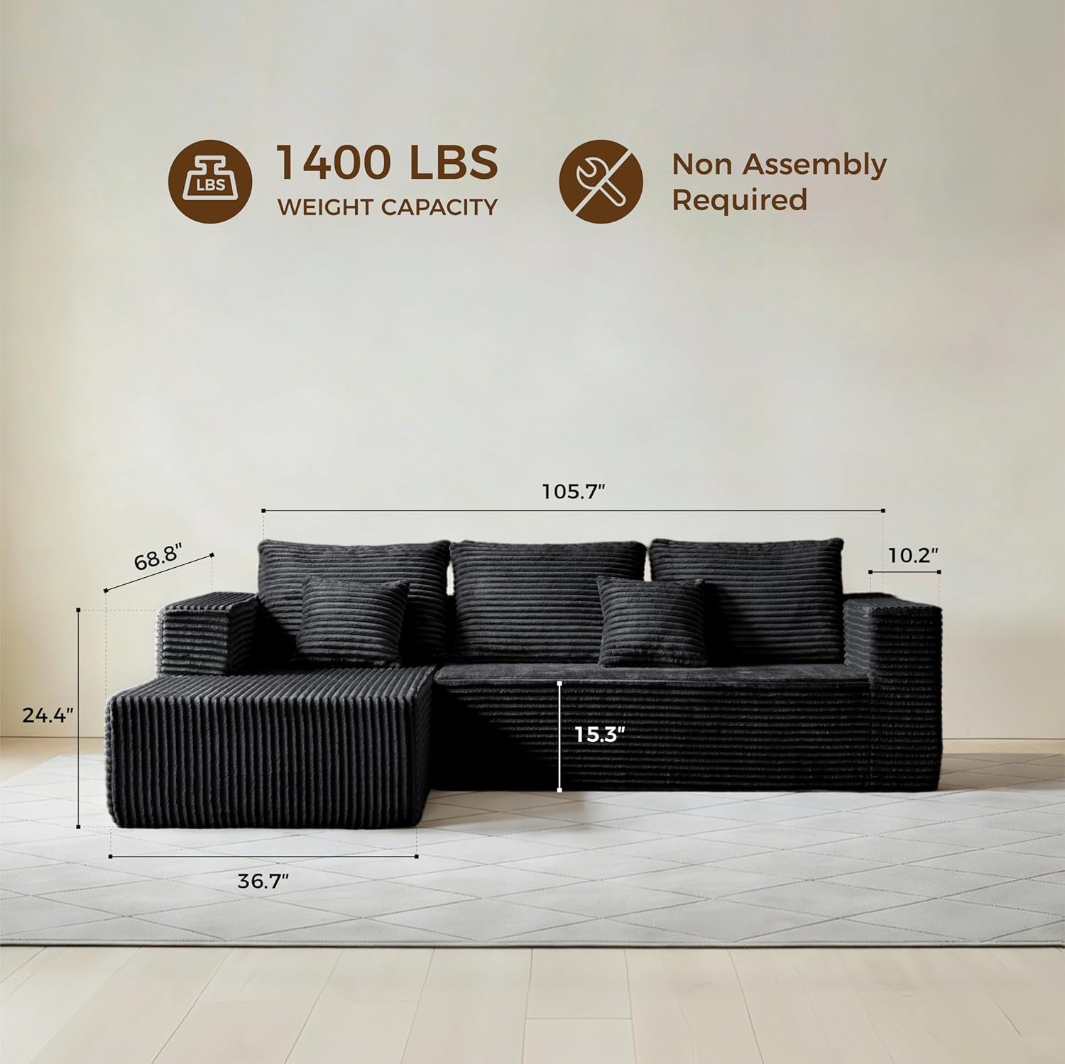 106" Black Corduroy Boneless Modular Sectional Sofa, Cloud-Louch Deep Seat Sofa with Left Chaise for Living Room & Bedroom（L-Shaped Left Facing Chaise）