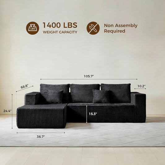 106" Black Corduroy Boneless Modular Sectional Sofa, Cloud-Louch Deep Seat Sofa with Left Chaise for Living Room & Bedroom（L-Shaped Left Facing Chaise）