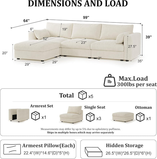 Cloud Modular Sectional Sofa Couch with Storage Ottoman, 99" Oversized Sectional Couches for Living Room, Cloud Modular L-Shaped Sofa with Chaise, 4 Seater, Chenille, Beige