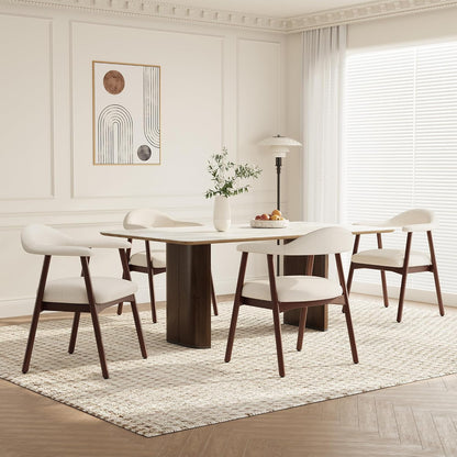 Wooden Dining Chair with Armrest Set of 4, Modern Fabric Upholstered Dining Room Chair with Curved Back and Wood Legs,Comfortable Accent Chairs for Kitchen Dining Room,Beige