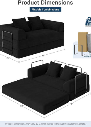 4-in-1 Convertible Sofa Bed - Luxurious 70" Boneless Sleeper Couch in Black Corduroy for Living Room and Bedroom