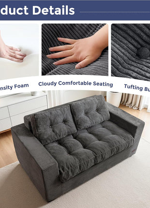 Upholstered Loveseat Sofa Couch and Bean Bag Chair Cloud for Adults, Boneless Design with Tufted Cushion and Pillows, Sofa in a Box, No Assembly Required, Dark Grey