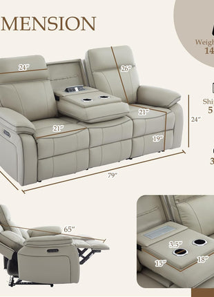 Power Reclining Sofa with Fold-Down Table, Breathable Leather Electric Recliner with Cup Holders, Outlets, and USB-C Ports for Living Room (Grey, 3-Seater)