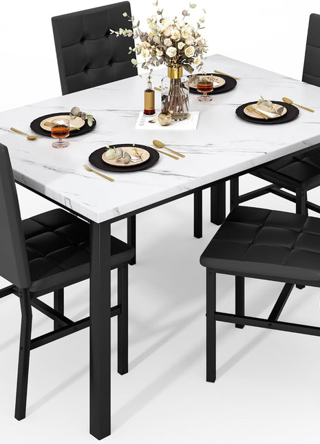 Contemporary Faux Marble Dining Table Set for Four with Leather Chairs - Stylish Kitchen Furniture for Compact Spaces (White & Black)