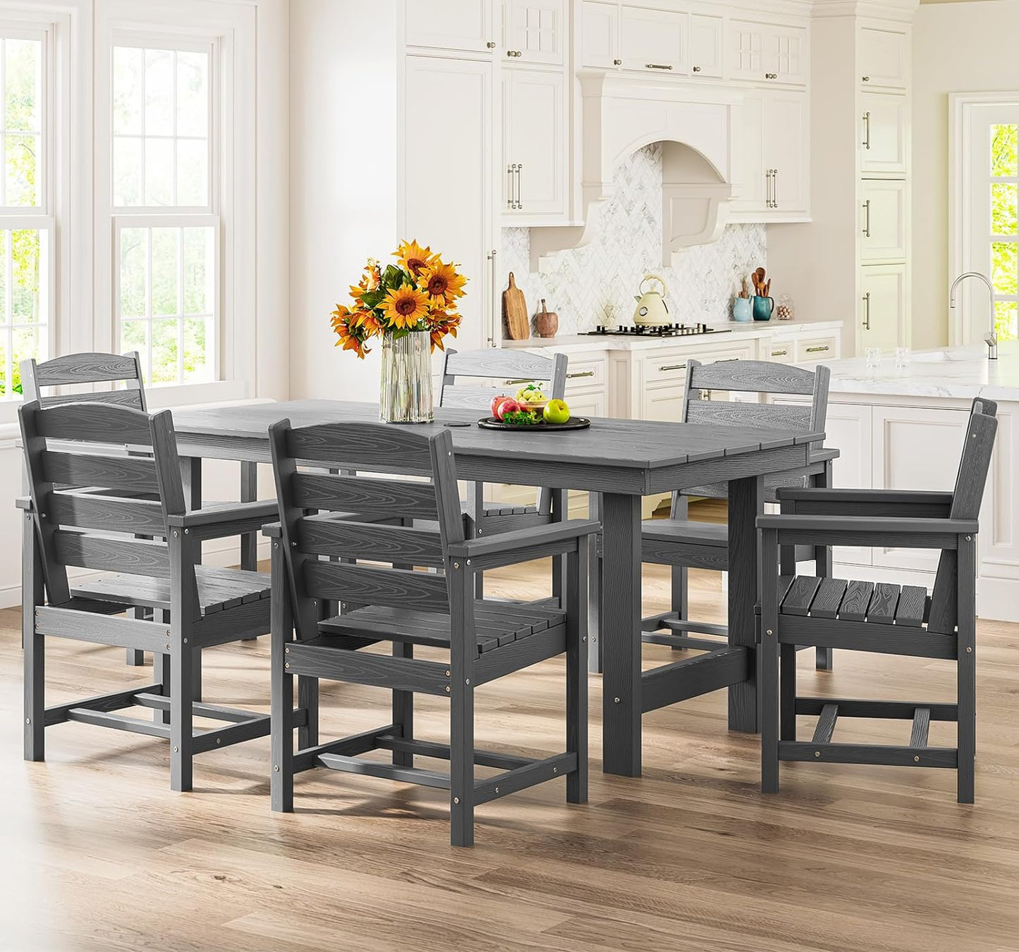 Outdoor HDPE Dining Table Set, 7-Piece Outdoor Dining Table Sets with Umbrella Hole Cut-Out Table and 6 Chairs, Gray