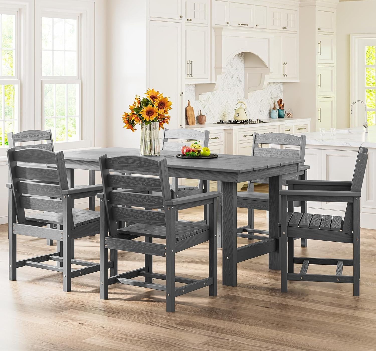 Outdoor HDPE Dining Table Set, 7-Piece Outdoor Dining Table Sets with Umbrella Hole Cut-Out Table and 6 Chairs, Gray