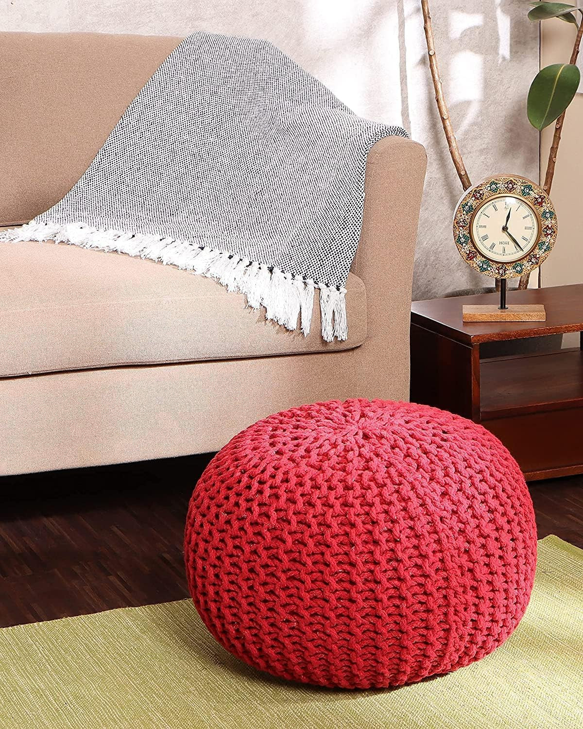 · round Pouf Ottoman - Hand Knitted Cable Boho Poof - Foot Stool Bean Bag - Home Décor Stuffed Footrest for Living Room - Nursery - Bedroom - 100% Cotton Poufs (19.5"X19.5"X14") - Red