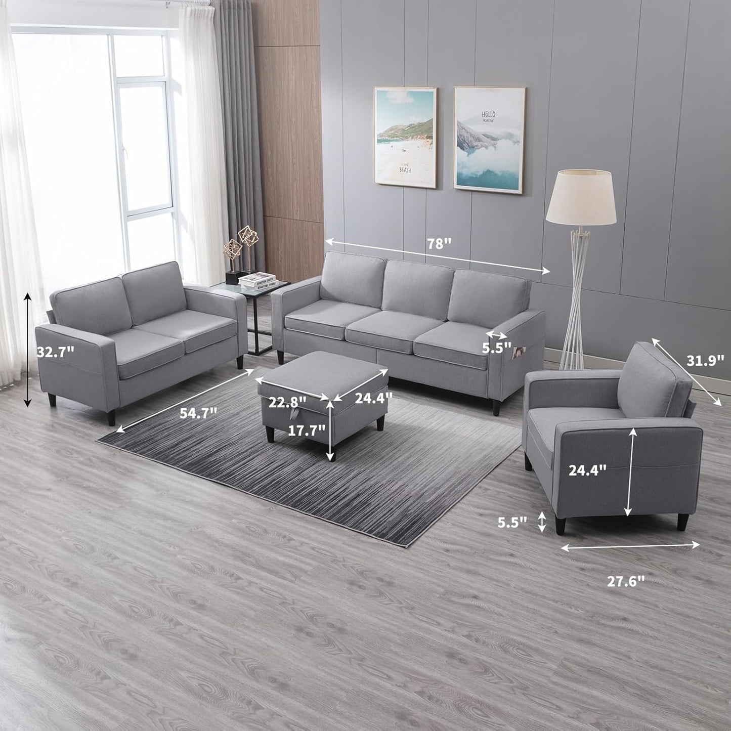 78" 4 Piece Living Room Sofa Set, 3 Seater Sofa with Storage Ottoman and Loveseat and Armchair Furniture Set, Modern Linen L Shaped Sectional Couch for Living Room Apartment (Light Grey)