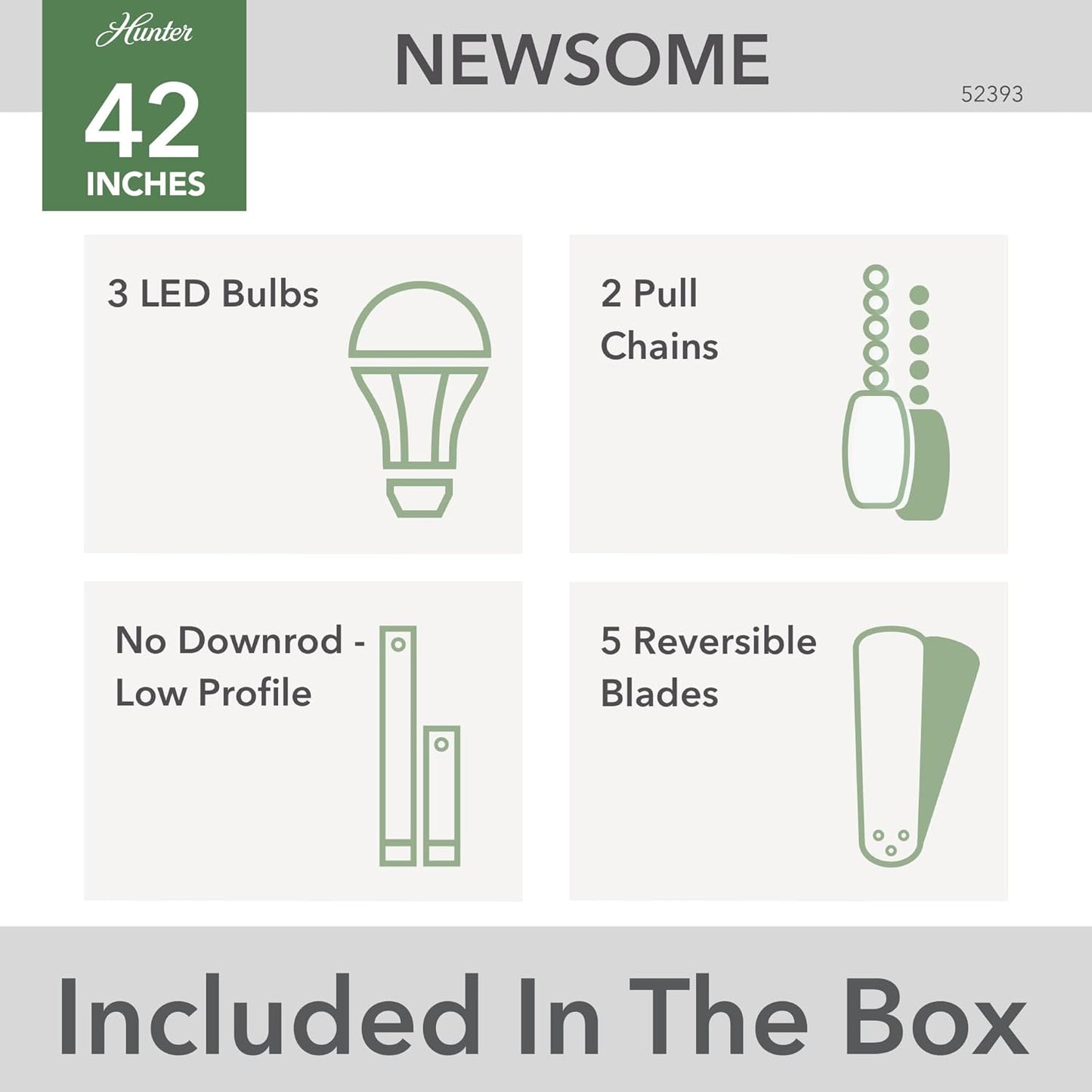 42 Inch Indoor Ceiling Fan with LED Lights - Black Ceiling Fan with Pull Chain, for Bedroom or Living Room, Low Profile Mount, No Remote, 5 Blades, Includes Bulbs - Newsome 52393, Matte Black