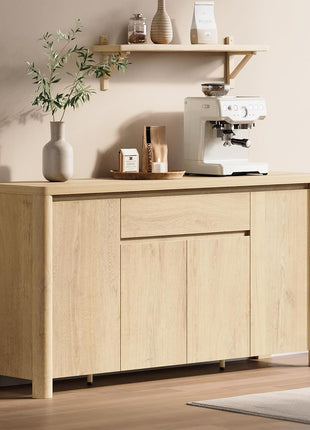 63" Sideboard Cabinet with Storage, Four-Door Buffet Cabinet with Drawer and Adjustable Shelves, Contemporary Wood Credenza Coffee Bar for Living and Dining Rooms, Natural Oak Finish