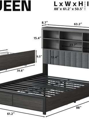 Queen Bed Frame with Storage Headboard, Wood Construction with High Storage Bookcase, Four Drawers, LED Lighting, and Charging Station, No Box Spring Required, Noise-Free, All-Metal Support, Rustic Grey Finish