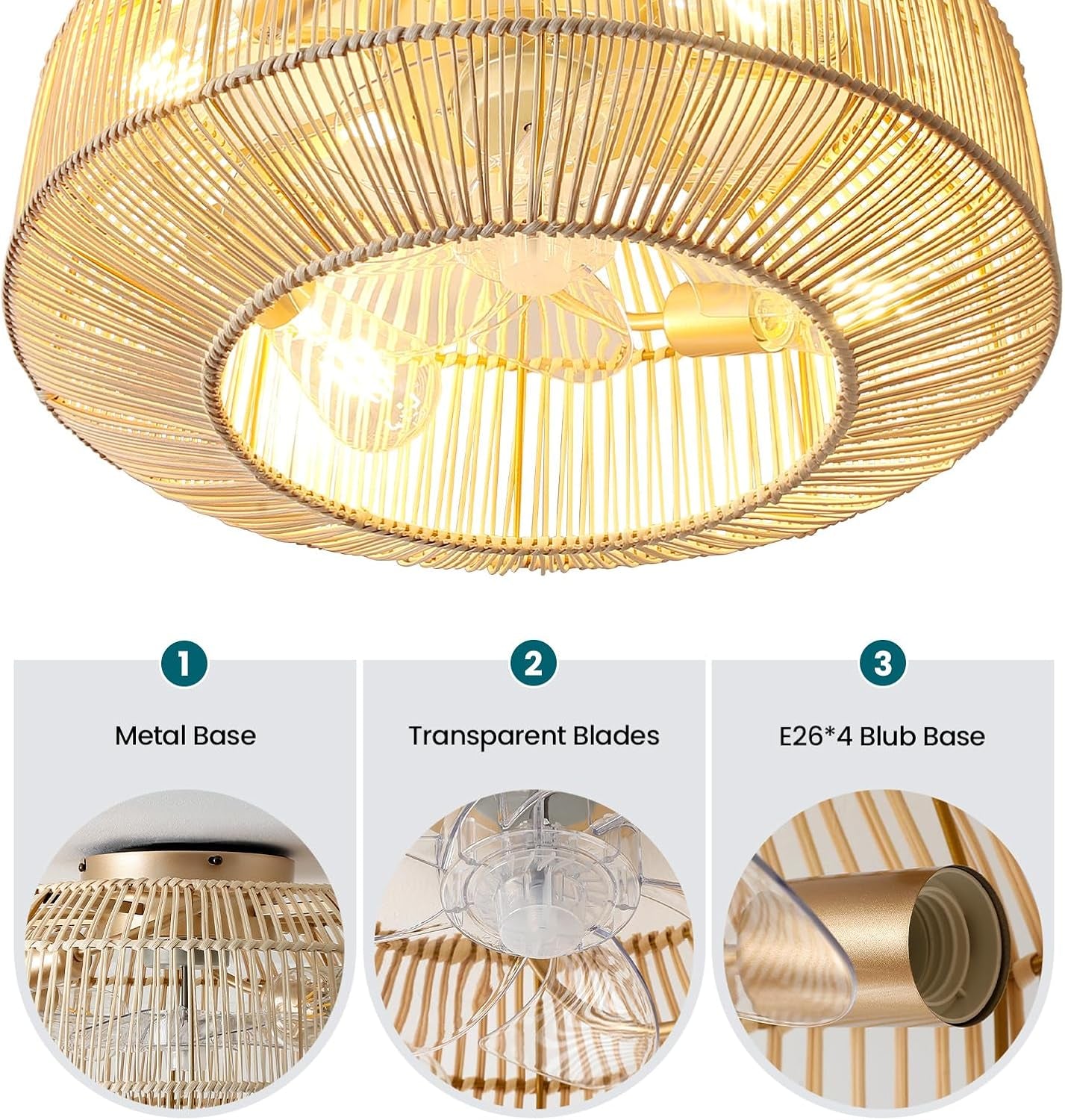 20" Boho Rattan Ceiling Fan with Lights, Flush Mount Caged Ceiling Fan with Remote, 6 Speed, Timing, Reversible Blades Enclosed Farmhouse Fan Lights for Bedroom, Kitchen