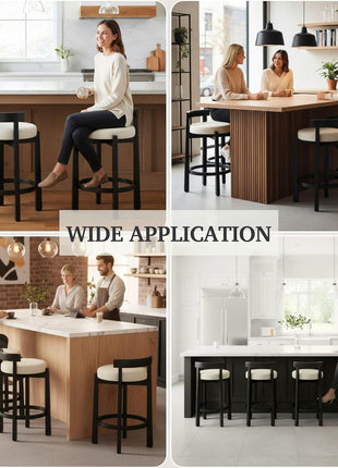 Set of 4 Mid-Century Modern Linen Counter Stools with Upholstered 26.5” Seat Height, Black Wood Legs, and Round Low Back, Perfect for Dining Rooms and Restaurants, Beige