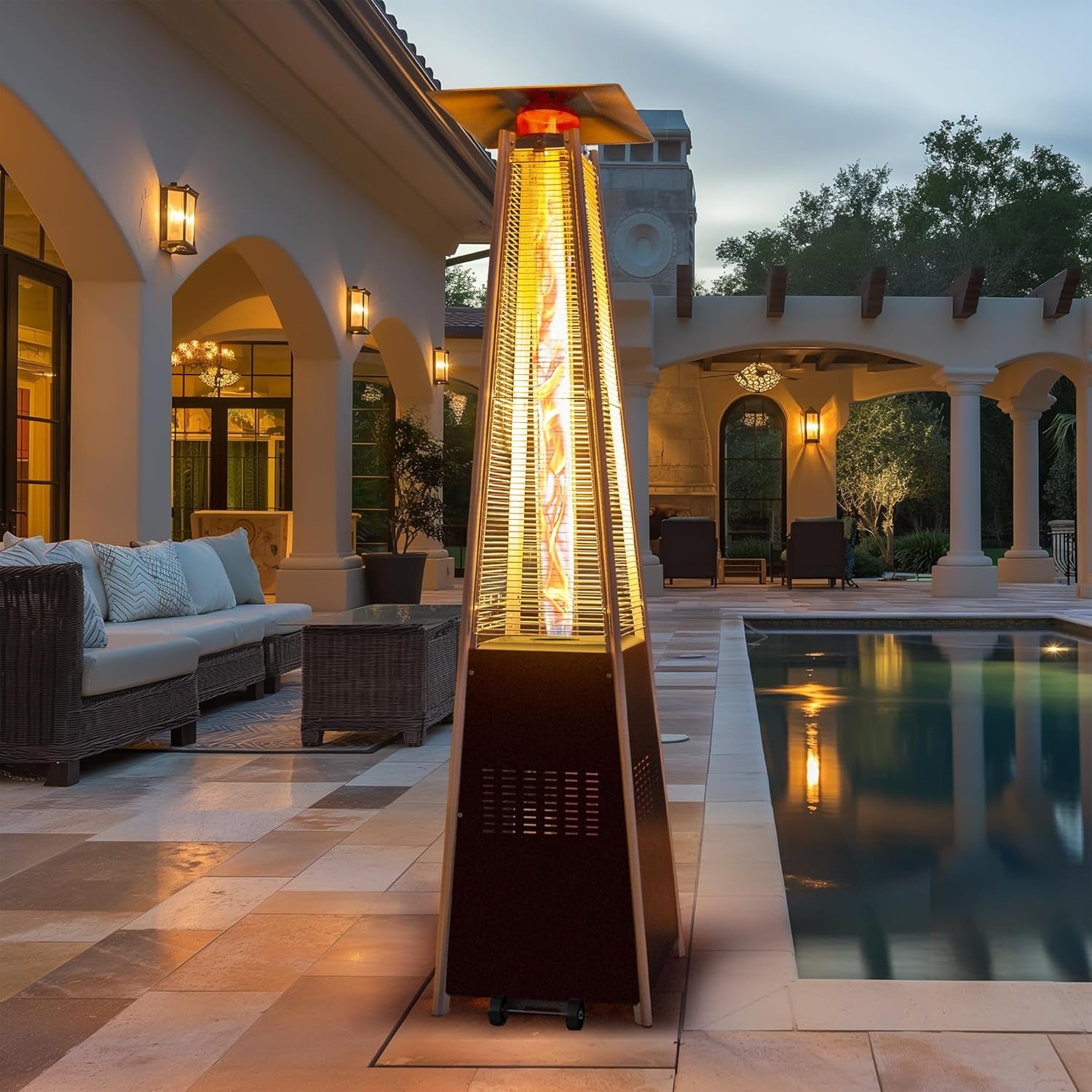 48,000 BTU Flame Pyramid Pool Heater with Cover, Triple Safety Protection Portable Patio Heater with Patio Cover, Warm Glass Tube with Durable Wheels-Brown