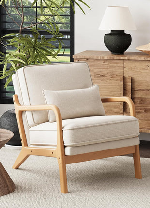 Set of 2 Mid-Century Accent Chairs with Solid Wood Frame, Lumbar Pillow, and Soft Cushion for Living Room, Bedroom, or Waiting Area - Beige