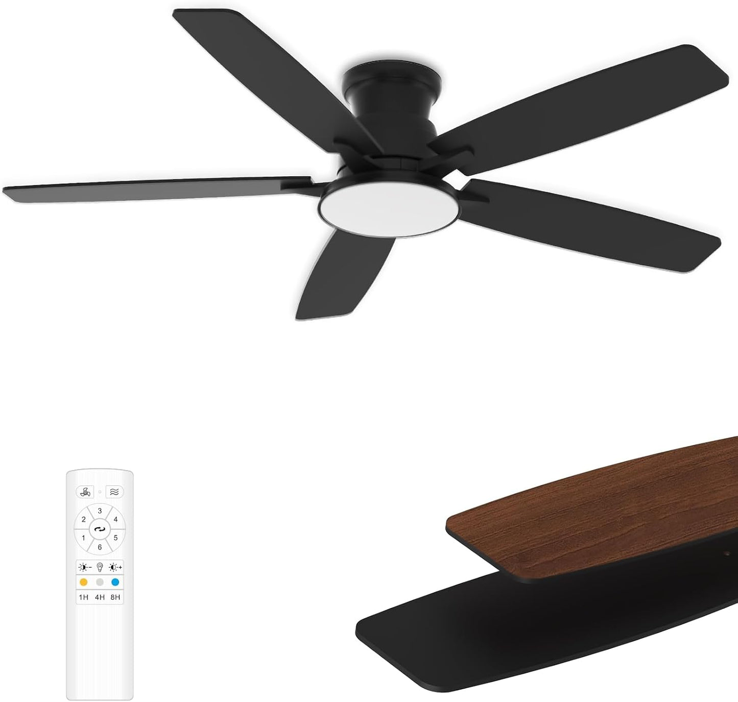 Flush Mount Ceiling Fan with Light, 52 Inch, Remote Control, 3CCT Dimmable LED, 6-Speed Silent Reversible DC Motor, Low Profile Hugger Ceiling Fan for Indoor/Outdoor 90-264V 50/60Hz Matte Black