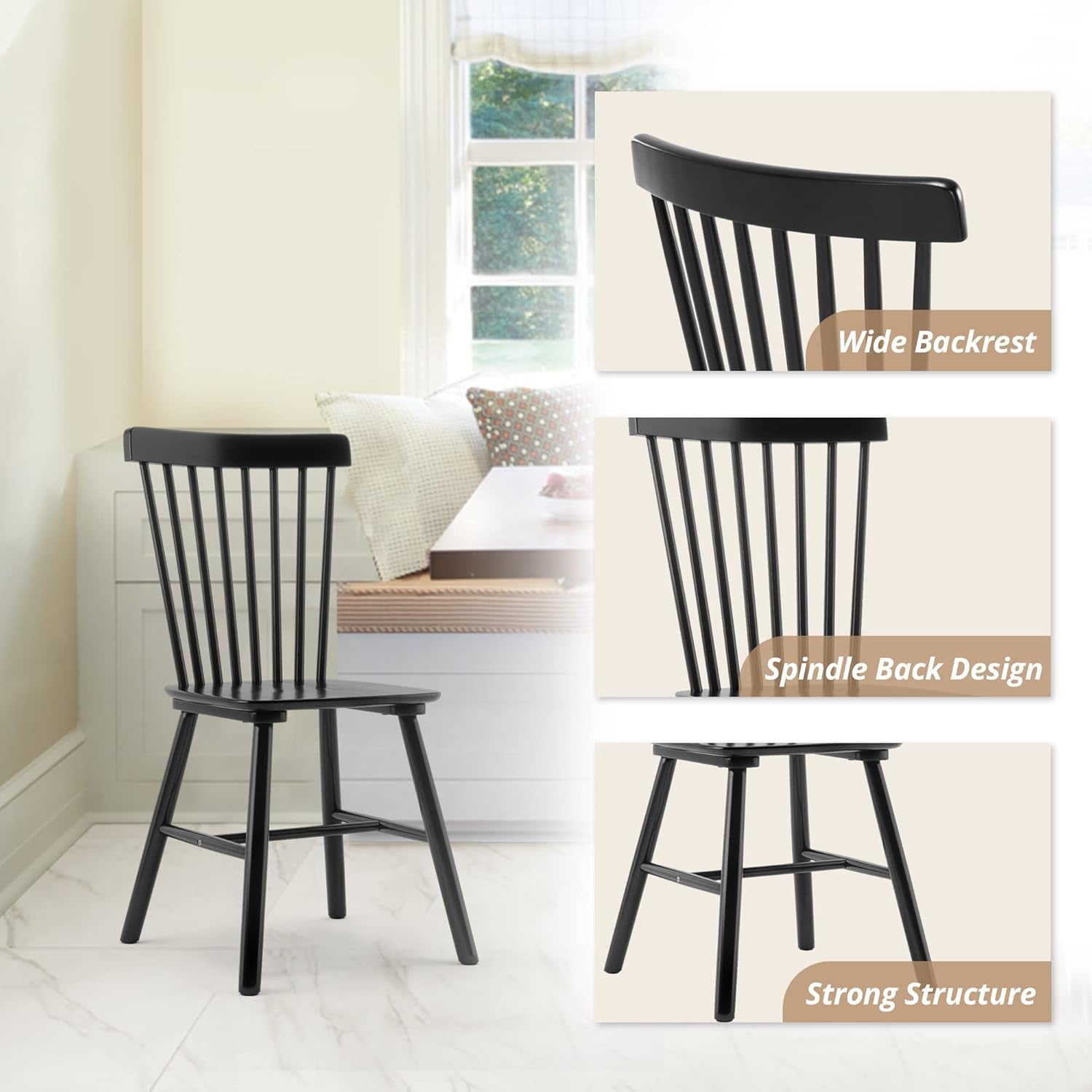 Windsor Dining Chair Set of 4, Spindle Back Wooden Chairs for Kitchen and Dining Room, Restaurant, Cafe, Hotel, Black