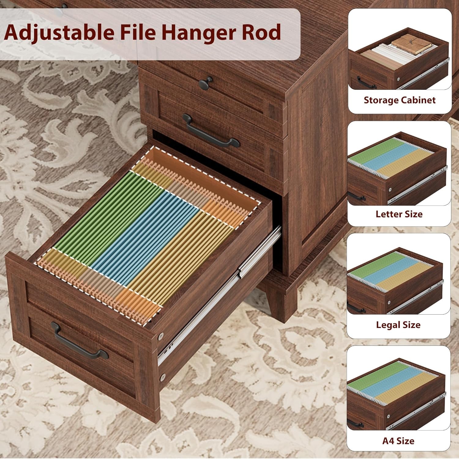 Executive Desk with File Drawers, Farmhouse Home Office Desk with Charging Station, 60 in Wooden Computer Desk with Cabinet Storage for Work Study Writing, Walunt Brown