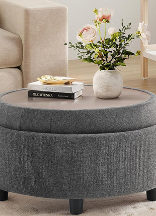 Round Fabric Storage Ottoman with Reversible Tray Lid – Versatile Footrest and Hidden Storage Solution, Durable and Elegant Small Coffee Table for Living Room, Bedroom, or Entryway (Dark Grey)