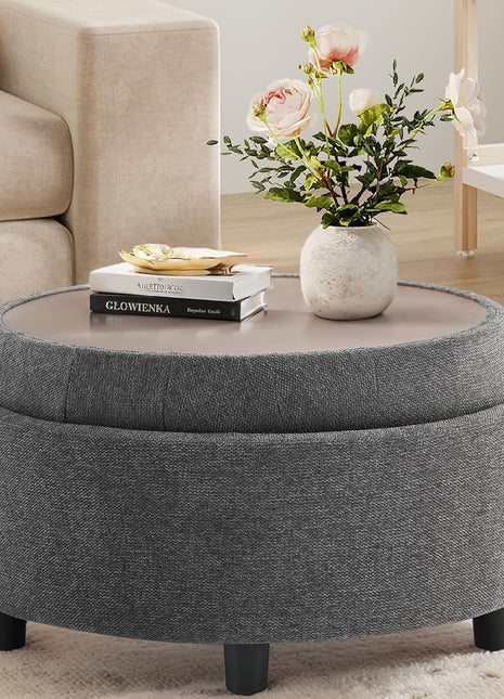 Round Fabric Storage Ottoman with Reversible Tray Lid – Versatile Footrest and Hidden Storage Solution, Durable and Elegant Small Coffee Table for Living Room, Bedroom, or Entryway (Dark Grey)