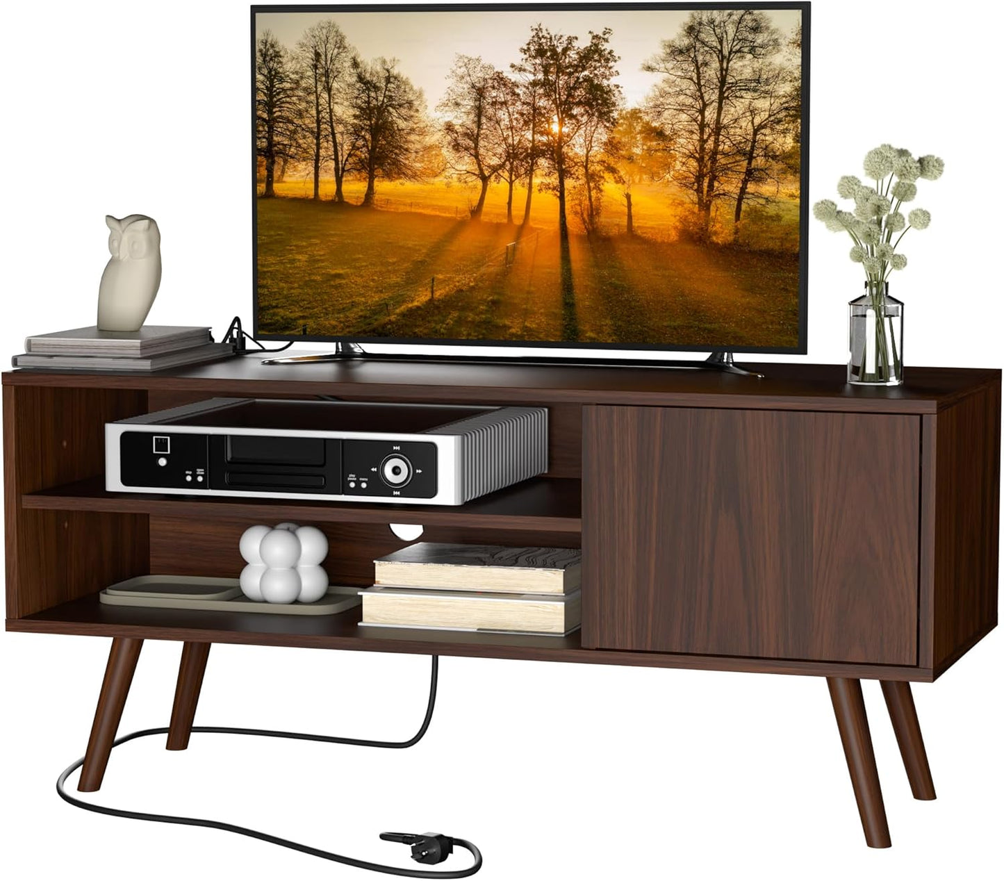 TV Stand for 48 Inch TV, Mid Century Modern Entertainment Center with Storage Cabinet, TV Media Console for Living Room, Bedroom, Dark Brown