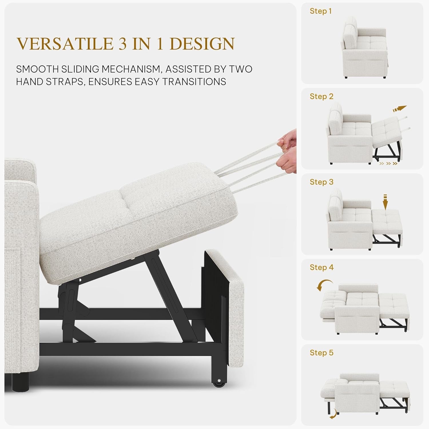 55" Convertible Sofa Bed, 3-In-1 Sleeper Sofa with Pull-Out Bed, Linen Futon Couch with Adjustable Backrest and Side Pocket, Modern Loveseat for Living Room Apartment, Light Beige