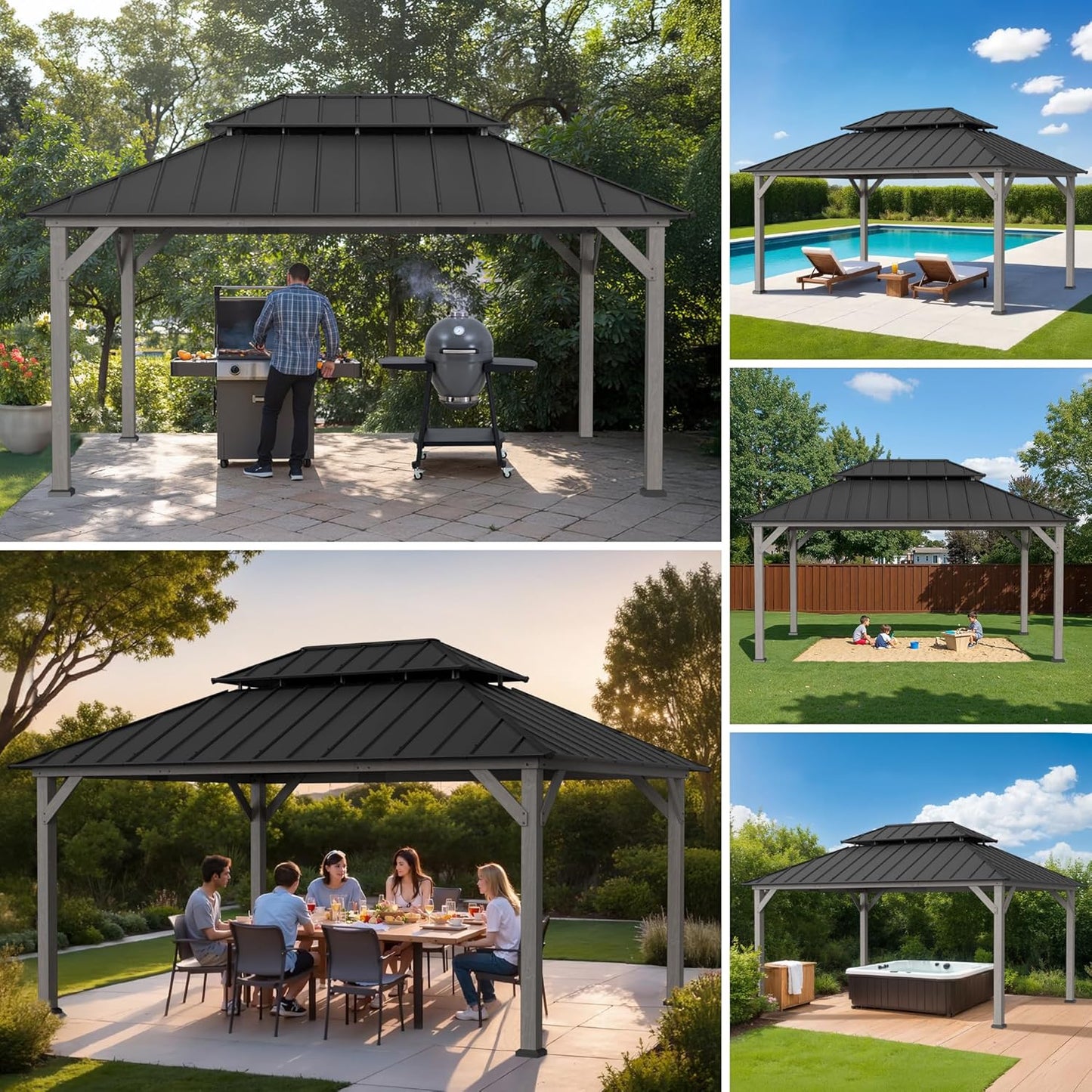 12 X 16 Ft. Wood Gazebo, Outdoor Patio Cedar Framed Steel Hardtop Gazebo with 2-Tier Metal Roof, Suitable for Patios, Lawn and Backyard, Matte Black Roof + Gray Wood Frame