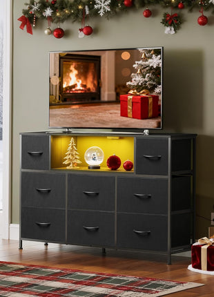 Elegant Black TV Stand Dresser for 45-55 Inch TVs, Entertainment Center with LED Lighting and Charging Station, Featuring 8 Fabric Drawers and Open Shelves for Living Room and Hallway, Wood Top Design