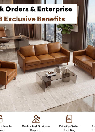 Mid-Century Modern Living Room Set: Elegant 3-Seater Sofa and Two Armchairs in Brown Faux Leather