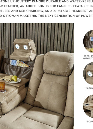 Signature Design by Ashley Next-Gen Durapella Power Reclining Sofa with Wireless & USB Charging, Zero-Gravity Feature, Adjustable Headrest, Water-Repellent Faux Leather, Drop-Down Table in Beige/Brown, 86 Inches