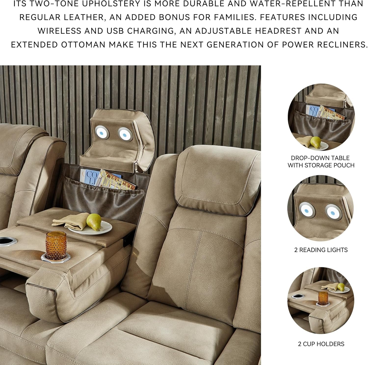 Next-Gen Durapella Power Reclining Sofa – Wireless & USB Charging, Zero-Gravity, Adjustable Headrest, Water-Repellent Faux Leather, Drop-Down Table, Beige/Brown, 86”