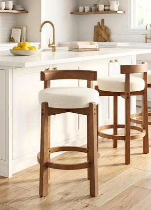 Set of 2 Mid-Century Modern Linen Upholstered Bar Stools, 26.5-Inch Counter Height with Solid Wood Legs for Kitchen Island and Dining Room, Beige