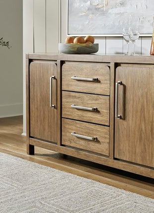 Cabalynn Farmhouse Glazed 2-Door Dining Server with Adjustable Shelves and Three Drawers in Light Brown by Signature Design by Ashley