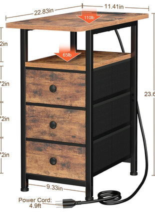 Rustic Brown End Table with Integrated Charging Station, Slim Nightstand with USB Ports and Outlets, Compact Side Table with Three Fabric Drawers for Limited Spaces, Model HETN013BR-1