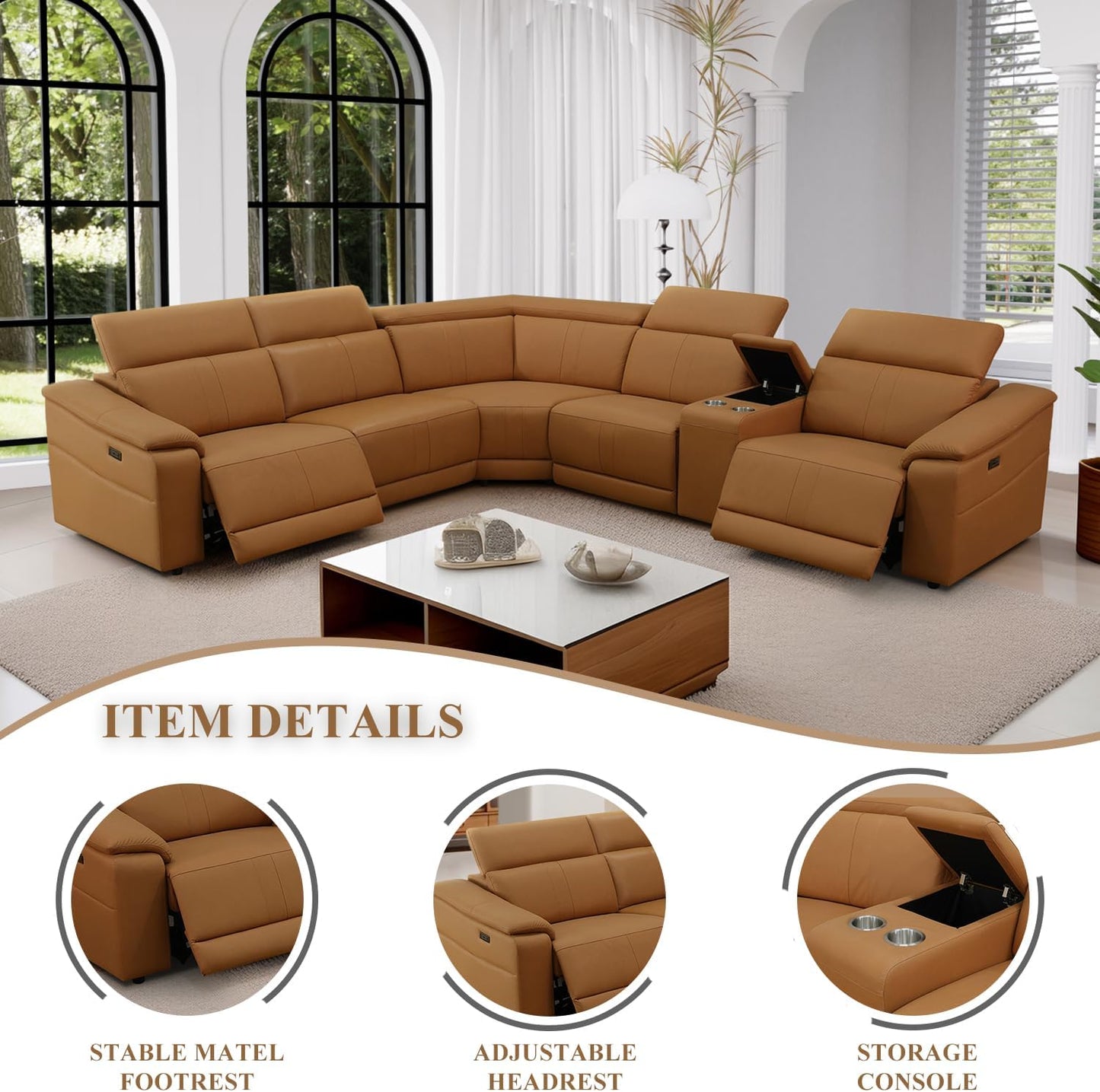 Power Recliner Sectional Sofa, L-Shaped Living Room Furniture Set, Light Brown Leather Sofa, Reclining Sectional Couch with Storage Console/Cup Holder for Living Room/House/Apt