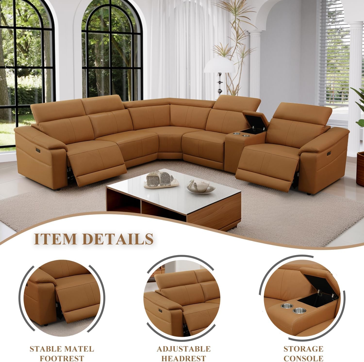 Power Recliner Sectional Sofa, L-Shaped Living Room Furniture Set, Light Brown Leather Sofa, Reclining Sectional Couch with Storage Console/Cup Holder for Living Room/House/Apt