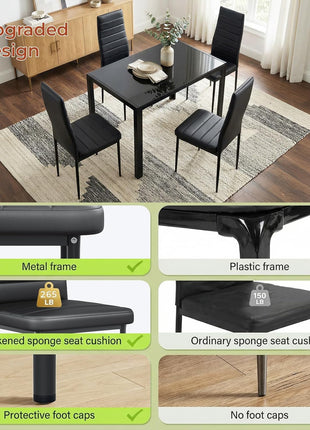 5-Piece Dining Table Set for Four with Tempered Glass Top and Upholstered PU Chairs, Space-Saving Metal Frame Design for Home and Kitchen in Black