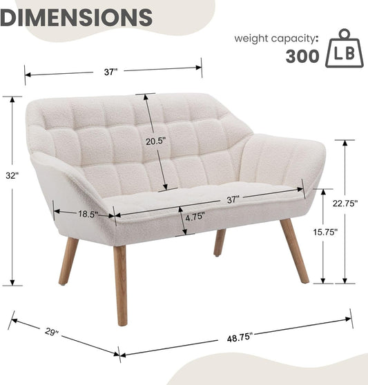48" White Small Loveseat Sofa, Comfy Faux Fur 2-Seat Love Seat with Wood Legs, Modern Tufted Wingback Upholstered Sofa Couch for Small Space Living Room Bedroom Apartment