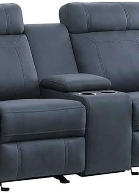 Glider Motion Loveseat Recliner with Stainless Steel Cup Holders and Central Storage Console, Upholstered Reclining Sofa for Living Room and Home Theatre, Polished Blue Microfiber Finish