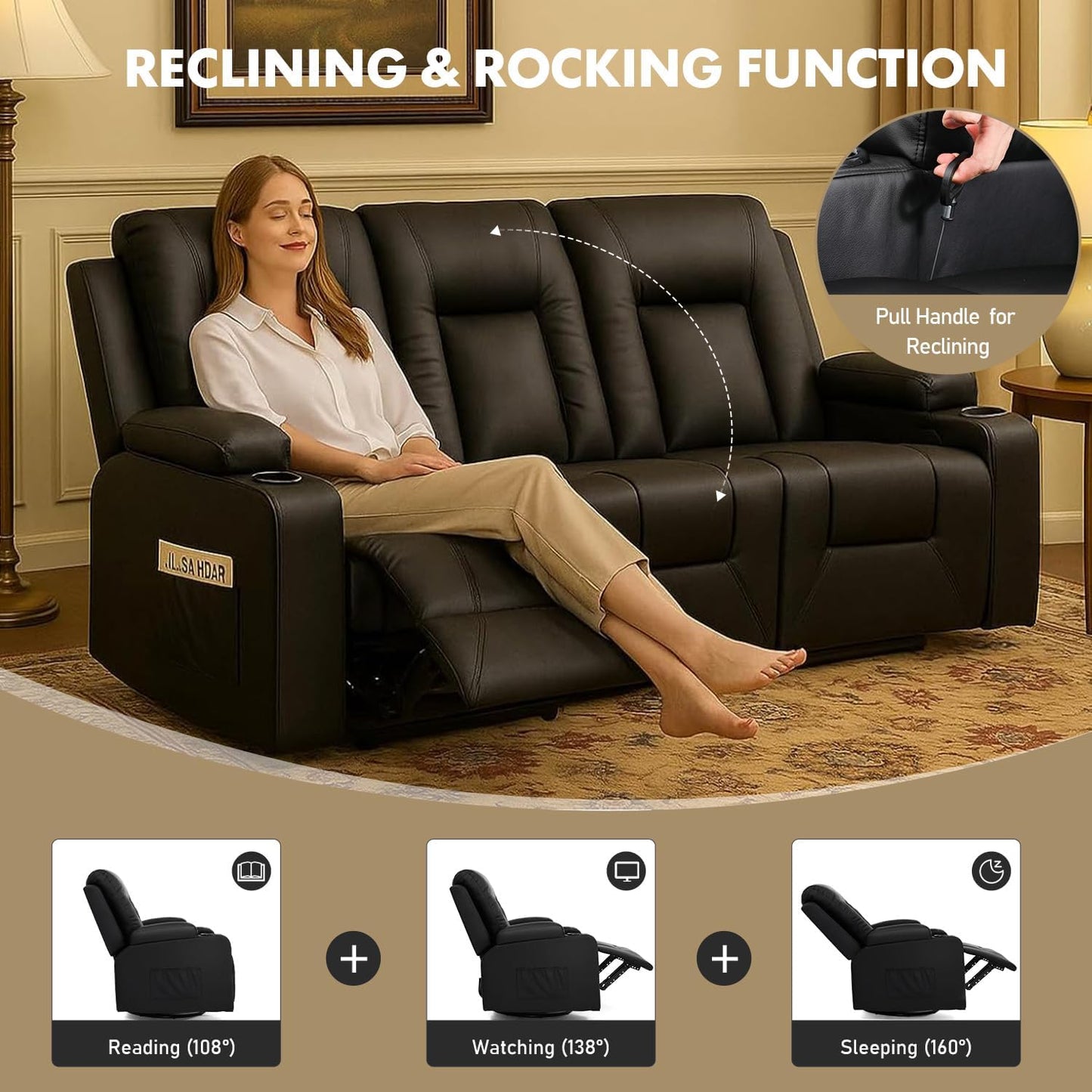 Leather Recliner Sofa Set with Manual Recliners,Living Room Furniture Set with Reclining Couch,Loveseat and Armchair,Living Room Chair with Cup Holders,Black (3+1+1)