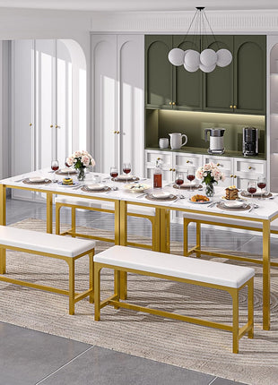 63" Extendable 3-Piece Kitchen Table Set with Benches and Chairs, Modern Dining Solution for 4 to 6, Space-Saving Design, Easy Assembly