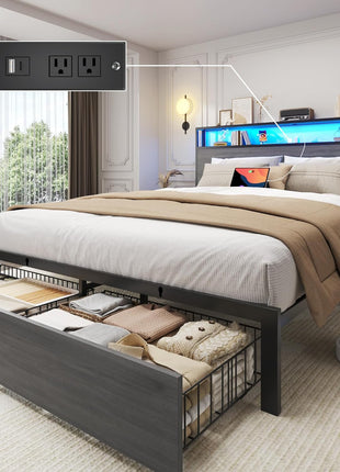 Queen Bed Frame with Dual-Tier Storage Headboard, Metal Construction, Integrated Fast-Charging Station, LED Lighting, Noise-Free Design, No Box Spring Required, Easy Assembly, Rustic Grey Finish