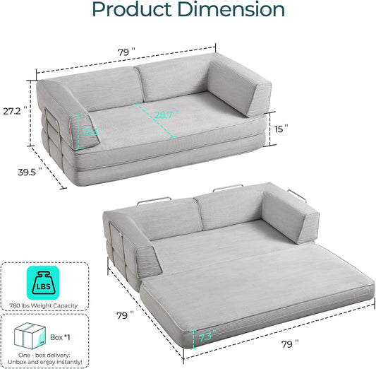 79'' Convertible Sofa Bed - Sleeper Sofa Compression Folding Loveseat Sleeper - Foldable Corduroy Couch Bed for Living Room Bedroom - Modular Sectional Compressed Sofa in Box, Grey