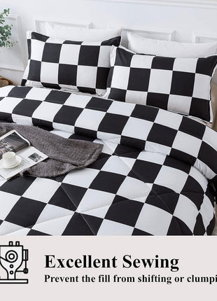 Twin Checkered Comforter Set (66x90 Inches) - Black and White Plaid Gingham Bedding for Teens and Kids, Lightweight Polyester Geometric Design, 2 Pieces