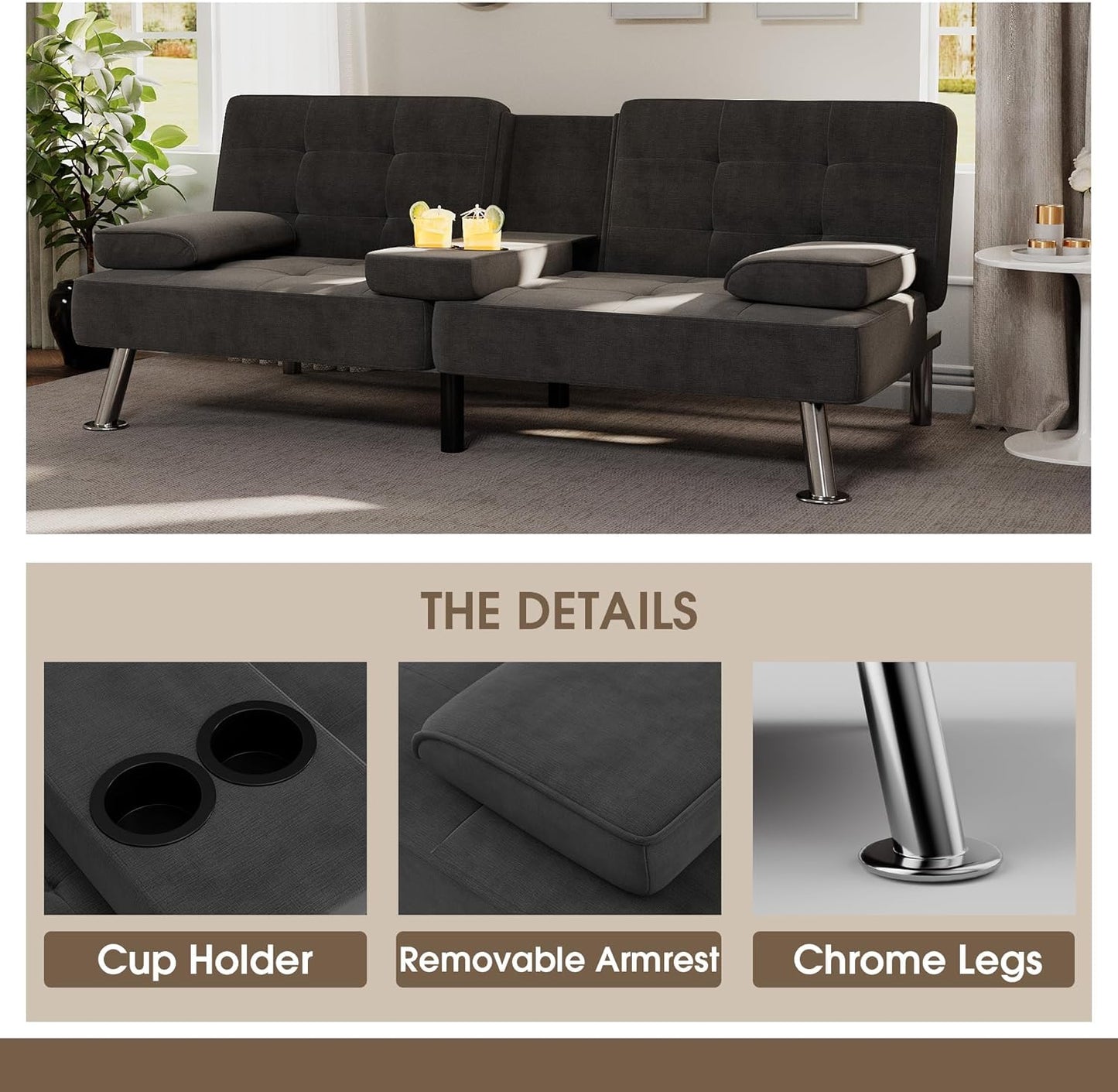 Futon Sofa Bed Modern Folding Futon Set Linen Fabric Convertible Recliner Lounge for Living Room with 2 Cup Holders, Removable Armrests (Fabric, Carbon Black)