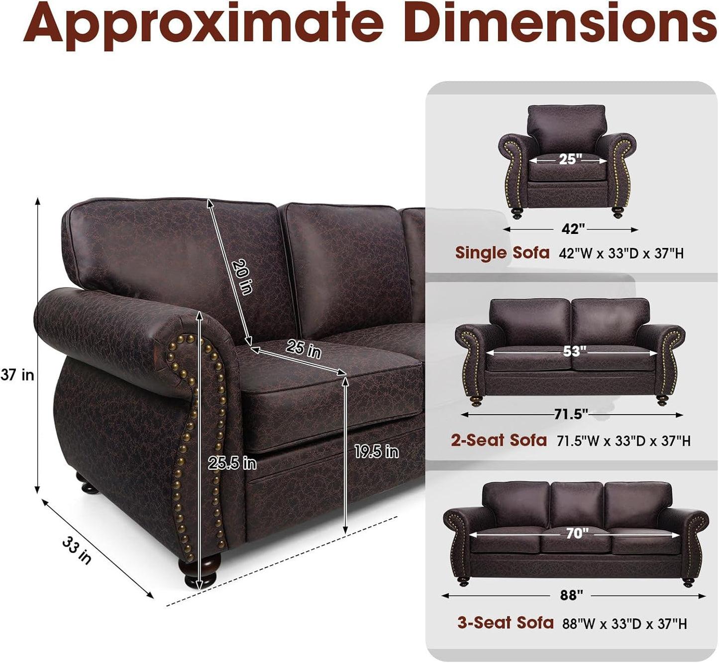 Living Room Furniture Sets,Sofa Sets and Couch Sets for Living Room,Mid-Century Vintage Sofa Couches with Rivet Design (Brown, Loveseat+3 Seater)