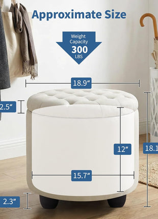 Contemporary Beige Round Storage Ottoman with Button Tufting and Detachable Lid for Living Room, Bedroom, and Makeup Space