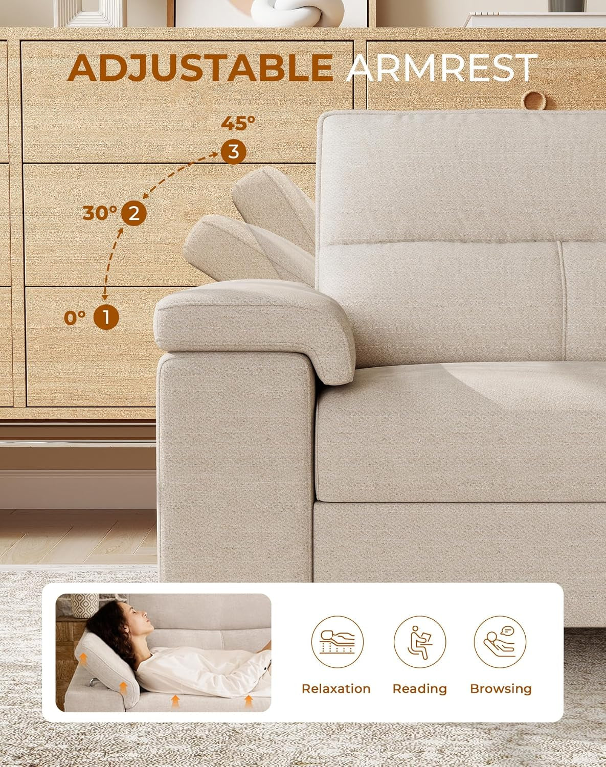 88.97" Modern Couches for Living Room, Deep Seat Sofa with 8”Cushion, Comfy 2-Seater Chenille Loveseat Sofa with Convertible Armrest, Removable Sofa Cover, High Leg (Beige)