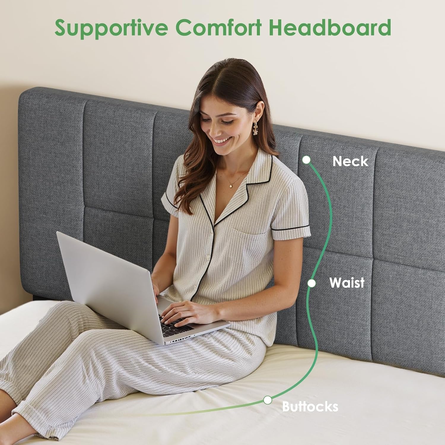 Queen Size Bed Frame - Upholstered, Adjustable Headboard,6"-12" Mattress Fit, 1300 Lbs Capacity, Sturdy 12-Leg Wood Construction, Easy Assembly, Dark Gray