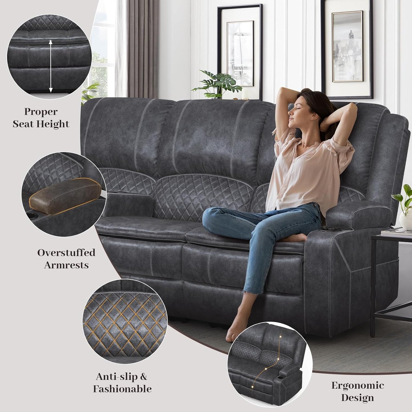 3-Seater Recliner Sofa, Manual Reclining Couch with Multi-Functional Middle Seat, Reclining Sofa for Living Room with Hidden Storage Space, Cup Holders, and Removable Console - Velvet Grey